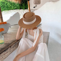  Summer hat female net red with the same flat top wide eaves straw hat beach seaside holiday sunscreen hat fashion small top hat