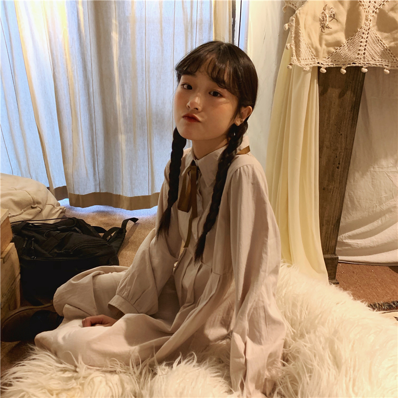 Mùa xuân Hàn Quốc của phụ nữ váy lỏng lẻo nơ mỏng khí chất áo dài tay váy mới - Váy eo cao các mẫu váy hạ eo đẹp	