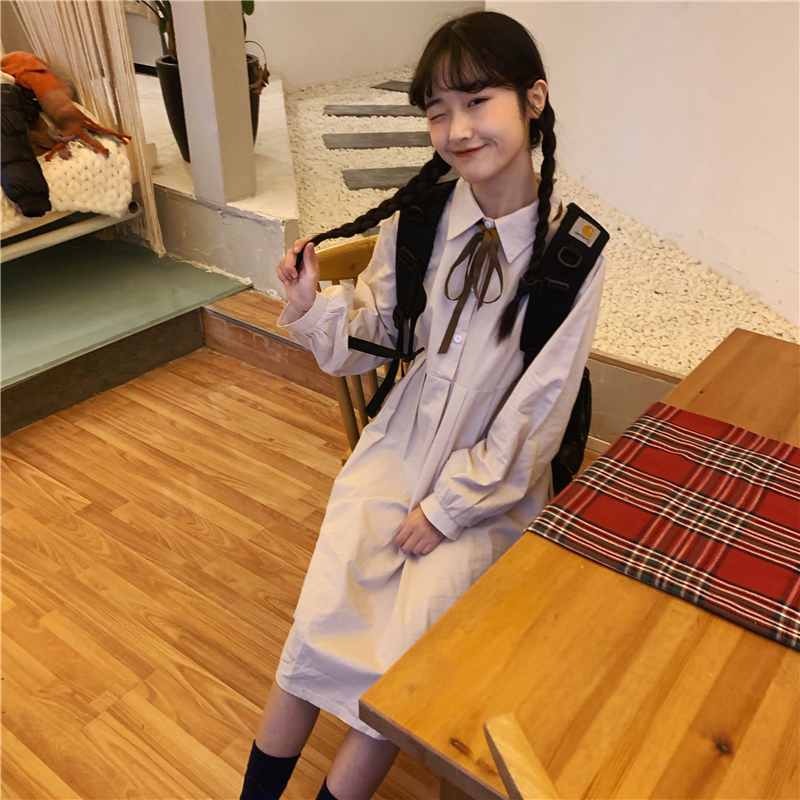 Mùa xuân Hàn Quốc của phụ nữ váy lỏng lẻo nơ mỏng khí chất áo dài tay váy mới - Váy eo cao các mẫu váy hạ eo đẹp	