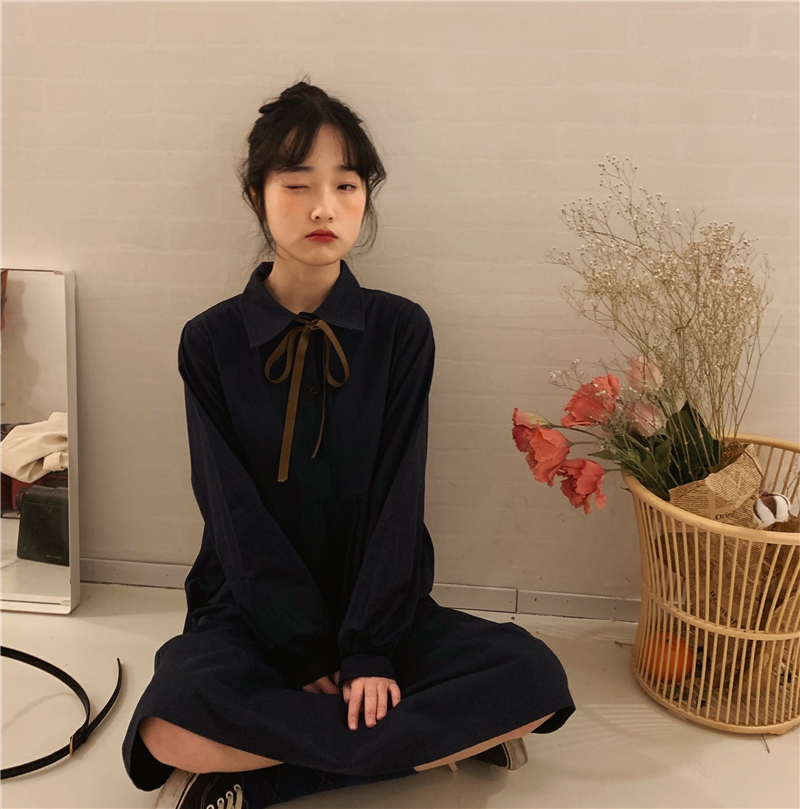 Mùa xuân Hàn Quốc của phụ nữ váy lỏng lẻo nơ mỏng khí chất áo dài tay váy mới - Váy eo cao các mẫu váy hạ eo đẹp	