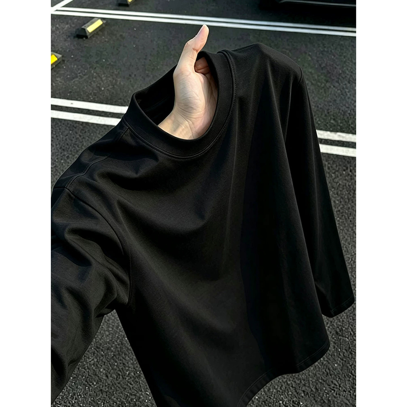 Heavyweight Pure Cotton Loose Versatile Simple Regular Shoulder Black Long-Sleeve T-Shirt for Men, Autumn Solid Color Inner Layer Top Heavyweight Pure Cotton Loose Versatile Simple Regular Shoulder Black Long-Sleeve T-Shirt for Men, Autumn Solid Color Inner Layer Top