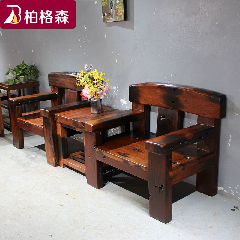 Cũ tàu gỗ nội thất gỗ rắn đơn giản Trung Quốc cổ phòng khách câu lạc bộ sofa kết hợp văn phòng sofa ba chỗ - Ghế sô pha