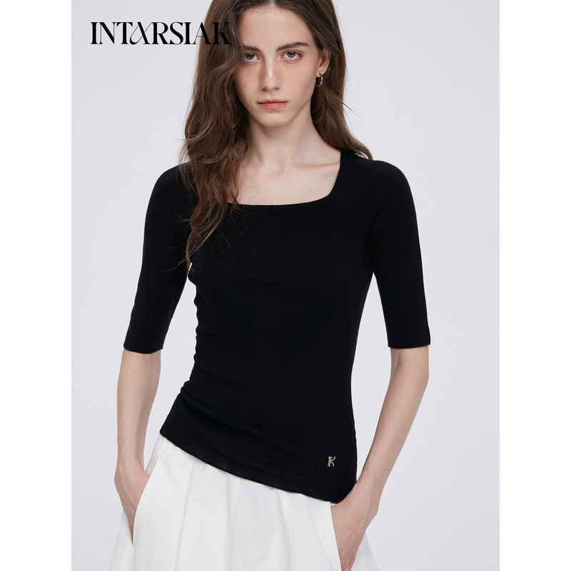 【Intarsiak Knitwear Designer Brand】Tingxi Square Neck Water-Soluble Wool Seamless Knit T-Shirt with Medium Sleeves