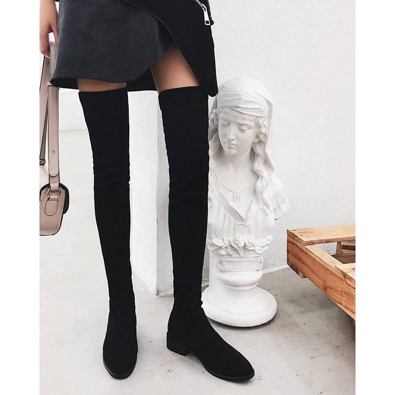 Leather boots women's ultra-long over-the-knee boots 2021 autumn and winter elastic thin boots leather thick-heeled flat knight boots