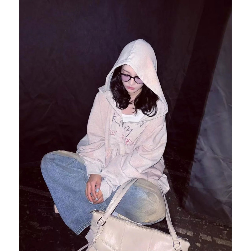 Pd's Greatest Work, Ning Yizhuo and Bai Lu's Same Style, Early Spring Loose Distressed Printed Zipper Hoodie Sweatshirt 0061