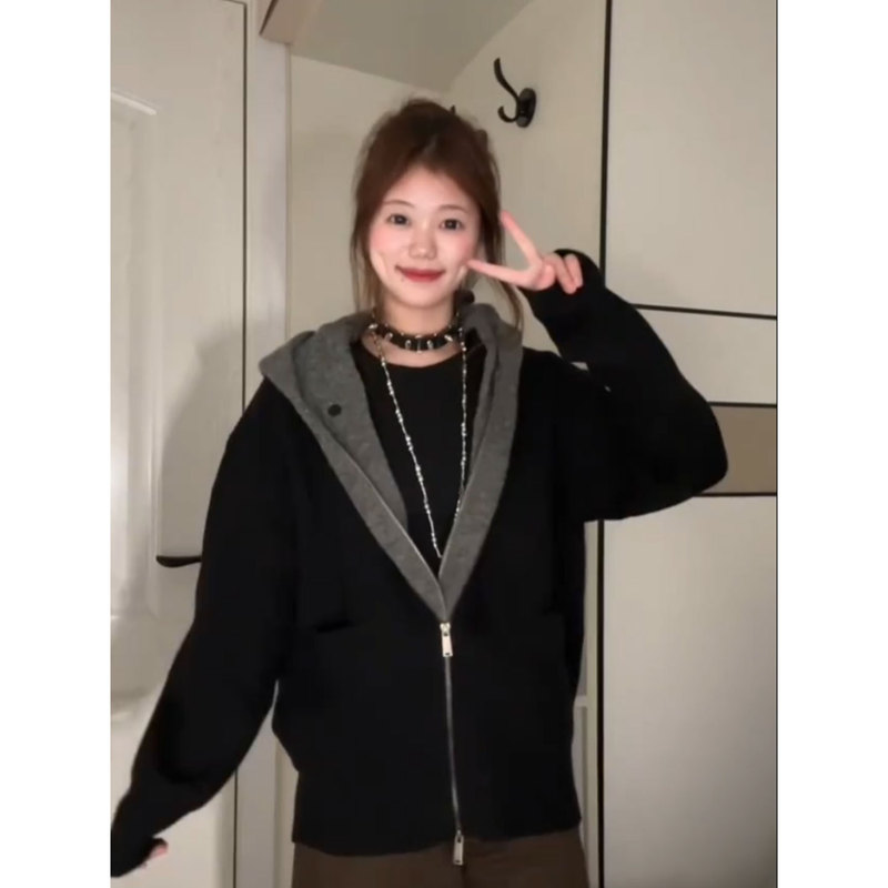 Pd's Greatest Work Is a Fake Two-Piece Cardigan Hooded Sweater, the Same Style as Zhang Xinzhe, American Retro Lazy Style 0204