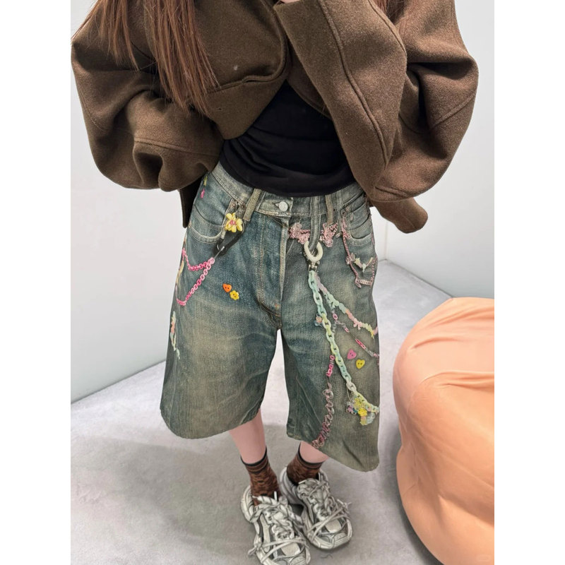 Pd's Greatest Work Lace Pearl Print Chain Graffiti Loose Straight-Leg Five-Point Pants Jeans 0137 Pd's Greatest Work Lace Pearl Print Chain Graffiti Loose Straight-Leg Five-Point Pants Jeans 0137