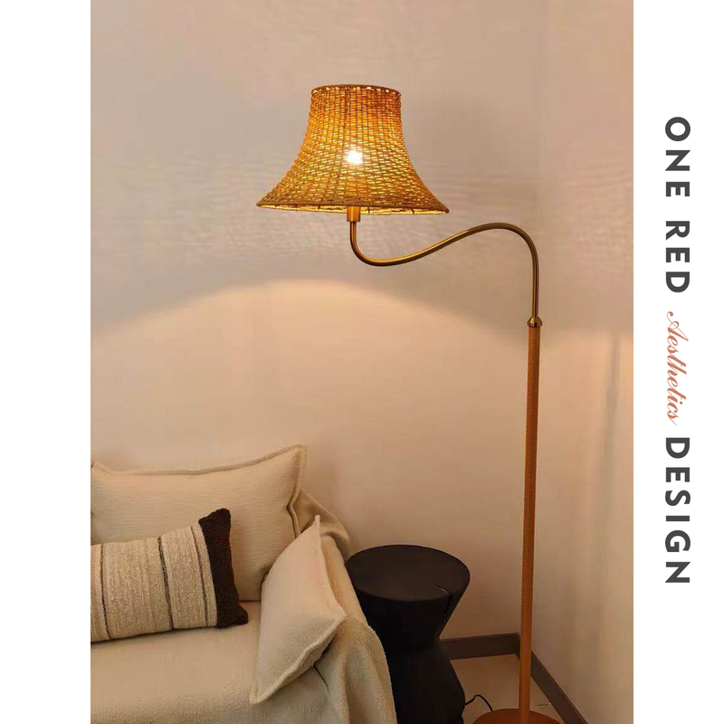 French-Style Vintage Rattan Floor Lamp for Living Room and Bedroom, Bedside Standing Ambient Light, Mid-Century Decorative Lamp with Artistic Flair