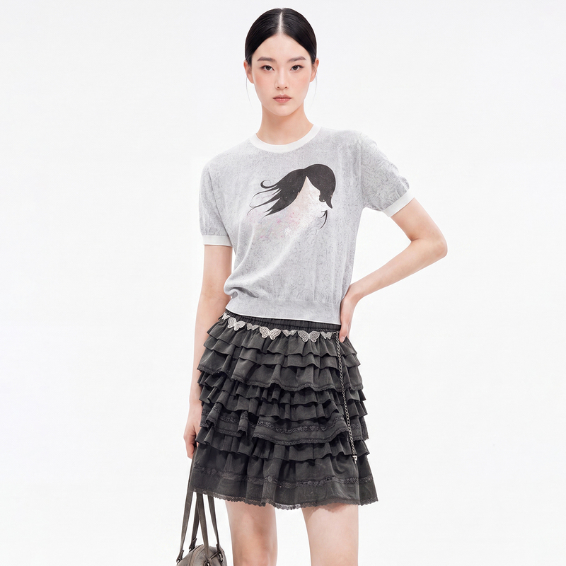 Sdefecr/Cartoon Printed Short-Sleeved Knitwear for Women 2026 Autumn New Round Neck Contrast Color Pullover Knitwear Top Sdefecr/Cartoon Printed Short-Sleeved Knitwear for Women 2026 Autumn New Round Neck Contrast Color Pullover Knitwear Top
