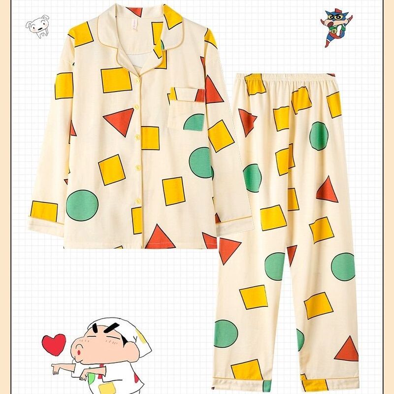 Plus Size 150kg Spring and Autumn Crayon Shin-Chan Loose Pajamas for Women, Cartoon Couple Long-Sleeved Long Pants Loungewear
