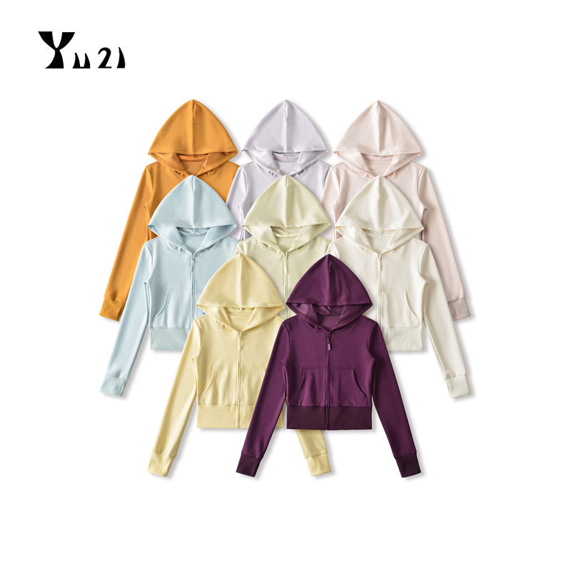 American Retro Air Layer Basic Solid Color Short Hoodie Zip-Up Sports Casual Slim Cardigan Jacket for Women