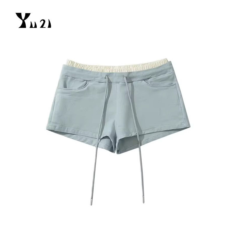 Fake Two-Piece Contrasting Color Stretch Shorts with Elastic Waist and Drawstrings, Ultra-Short Jogging Hot Pants for Outer Wear, Low-Waisted Casual Three-Quarter Pants