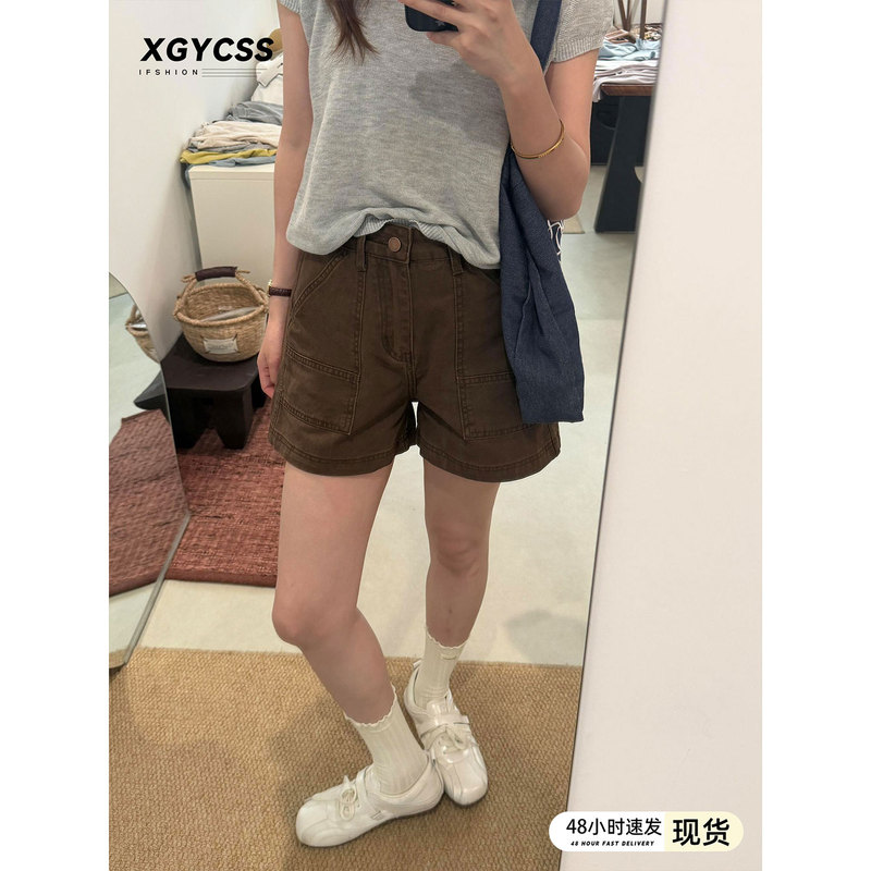 American Retro Brown Coffee-Colored Workwear Denim Shorts for Women, Petite High-Waisted Hot Girl Style, Non-Revealing A-Line Hot Pants