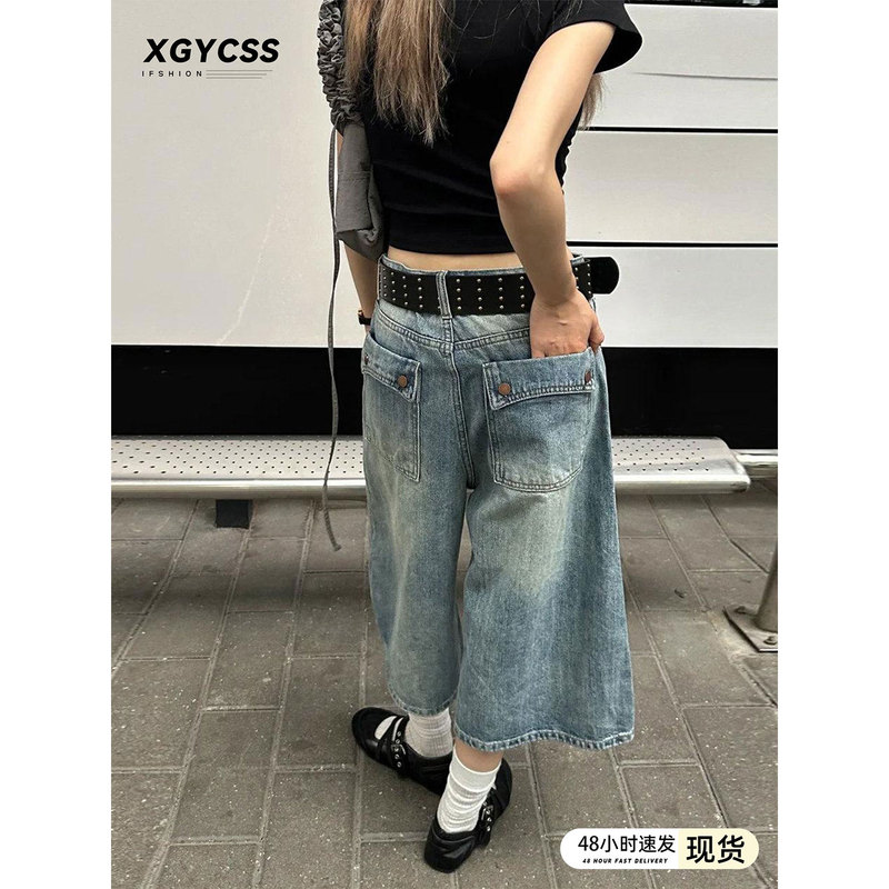 American Retro Blue Cropped Denim Shorts for Women, New Summer Style, Petite High-Waisted Design, Loose Wide-Leg Mid-Length Pants