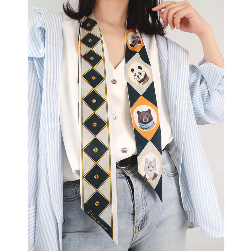 Miss Kelyn (animal embellishment) silk scarf high-quality small long hair tie tied bag ribbon belt scarf