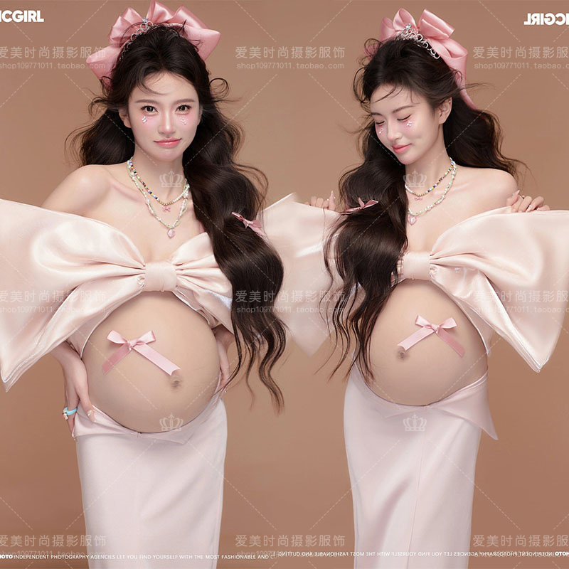 New Style Maternity Photo Studio Outfit, Cute and Sweet Pink Bow Fairy-Like Maternity Photography Dress