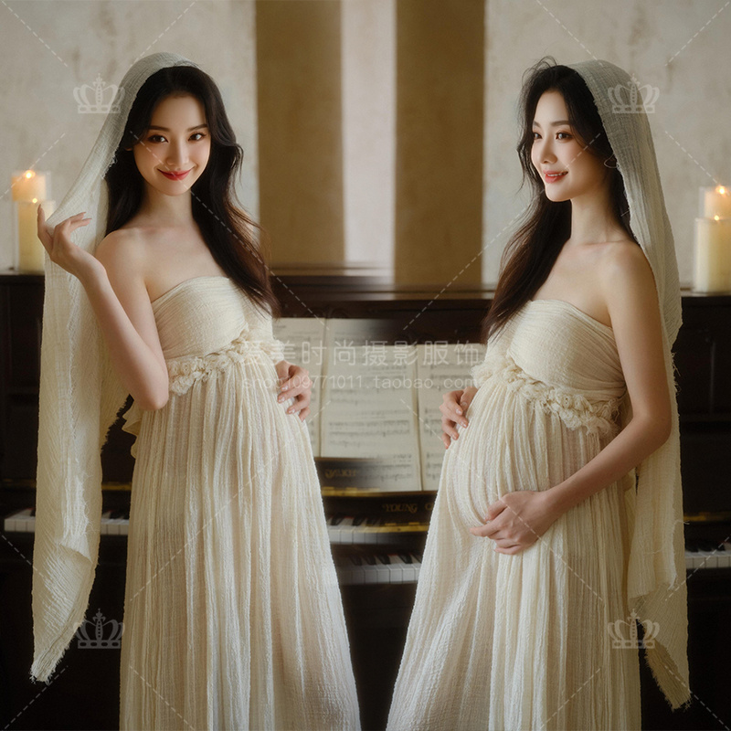 Pregnant Women's Theme: French Romantic Style, White Strapless Maternity Dress, Beautiful Pregnant Mommy Art Photo Studio Outfit Pregnant Women's Theme: French Romantic Style, White Strapless Maternity Dress, Beautiful Pregnant Mommy Art Photo Studio Outfit