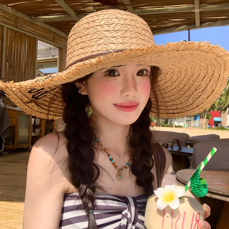 Extra Large Brim Embroidered Letter Straw Hat for Women, Summer Travel Beach Seaside Sun Hat, Vacation Style Sun Protection Hat