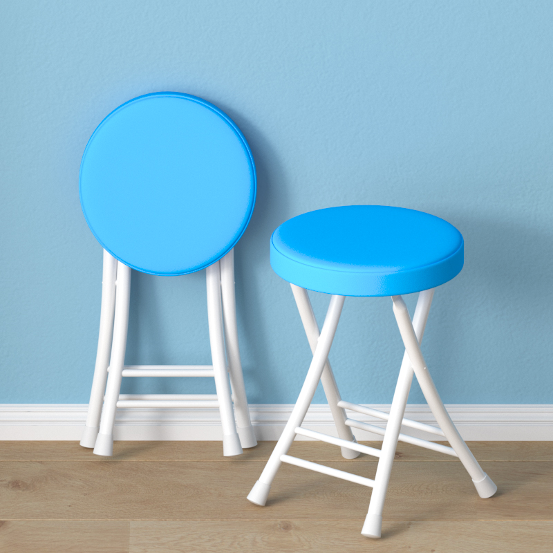 [Steel Plate Upholstered Stool] White Frame Blue Leather 4cm Raw Cotton