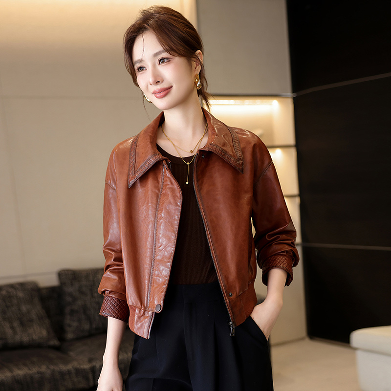 2025 New Genuine Leather Jacket for Women, Short Style, Petite Size, Korean Version, Slimming, Spring and Autumn Jacket, Waxed Sheepskin, Trendy