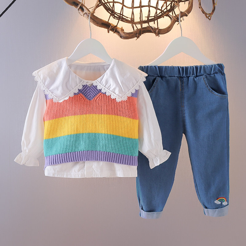 Children's clothing 2022 autumn woolen vest three-piece suit 1-3 years old baby girl foreign style autumn clothing 6-9 months baby clothes