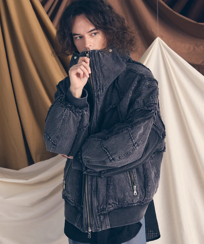 Japanese Style Unisex Denim Washed Fringed Patchwork Hooded Zip-Up Jacket