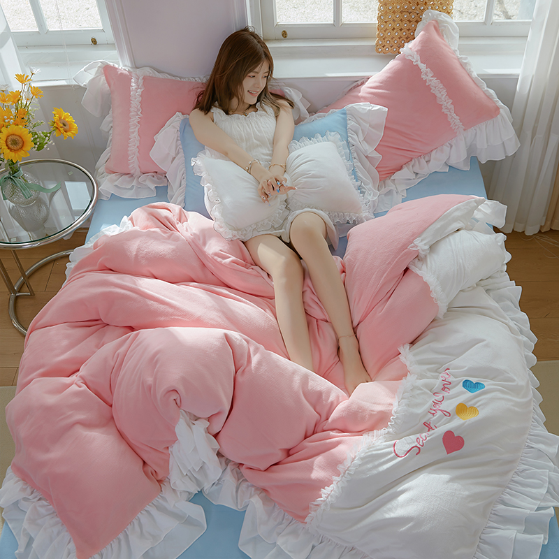 Milk velvet coral velvet four-piece flannel winter thickening bed skirt quilt cover double-sided plus velvet bed three-piece set