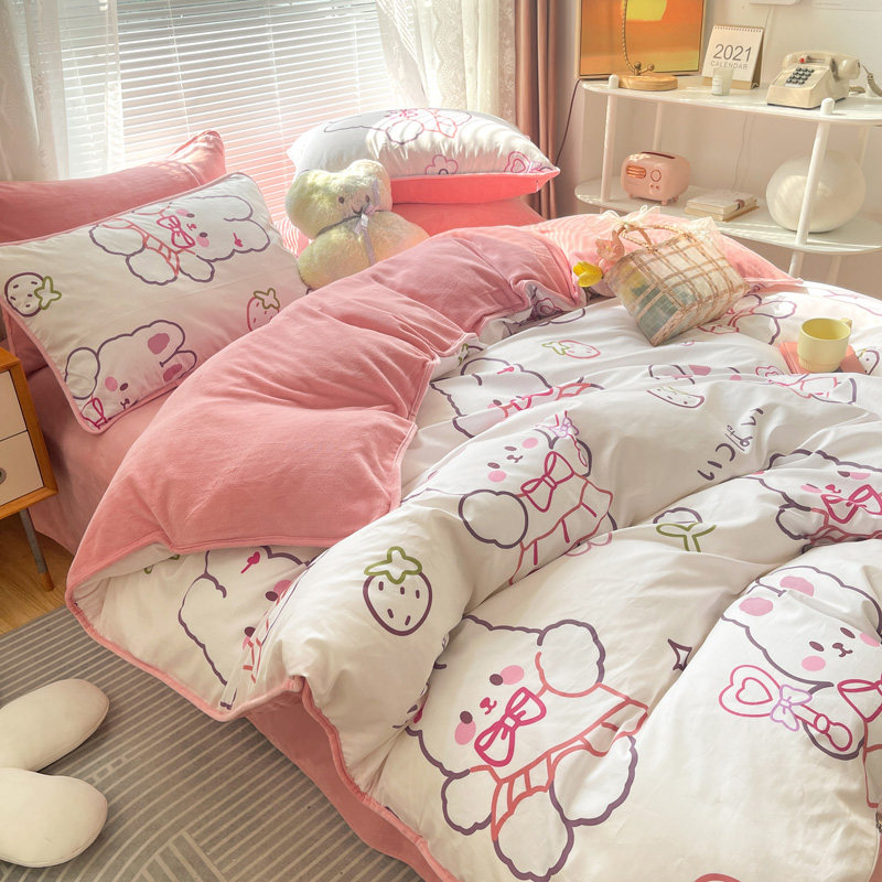 Coral velvet four-piece winter milk velvet flannel plus velvet cotton pure cotton autumn and winter quilt cover sheets three nights school