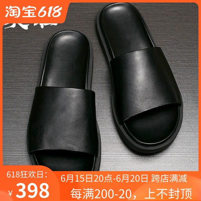 2022 Tide Cards New Fancy Fashion Men Black Thick Bottom Leather Round Head Non-slip Beach Lined Sandals