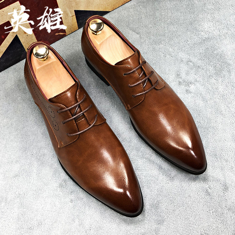 Business leisure small leather shoes Korean edition trendy tip tip with high brown hair stylists leather dress men's shoes