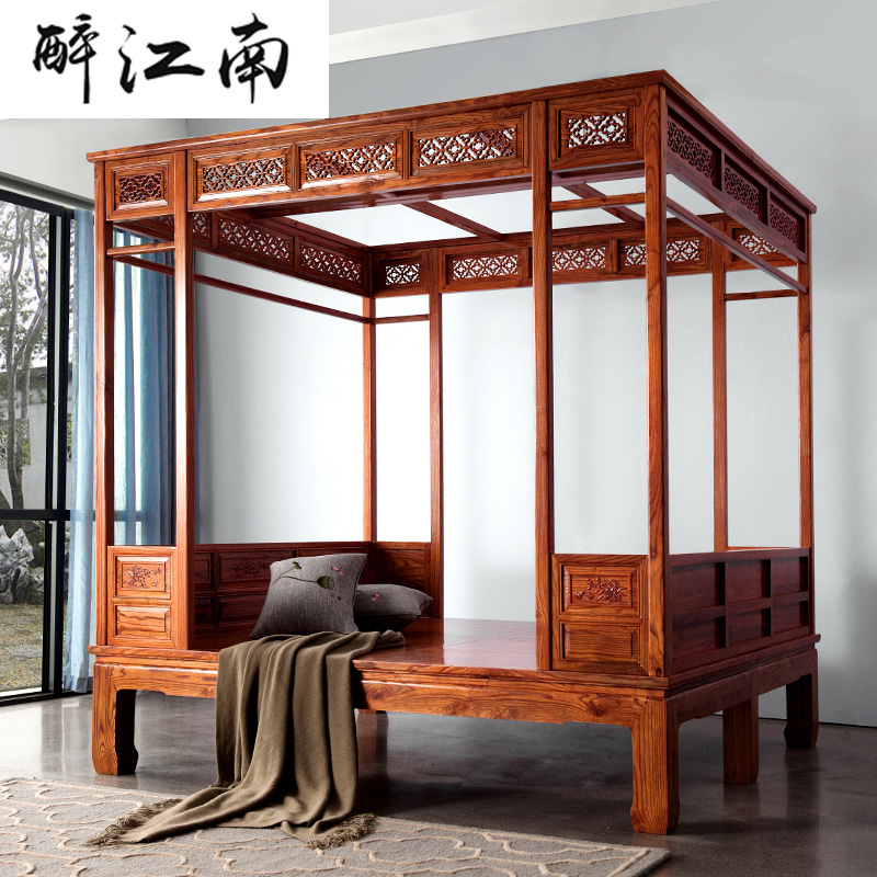 Elm Wood Plus-size Bed Treading Bed Minqing Antique Shelf Bed one thousand Work Eight Steps Bed Chinese Vintage Solid Wood Moon Cave Bed