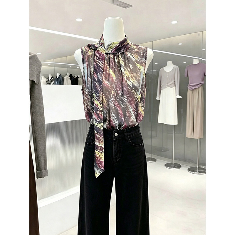 [Offline Physical Store Same Style] Fashionable Printed Ribbon Sleeveless Shirt for Women, Stylish Tie-Up Versatile Slimming Top