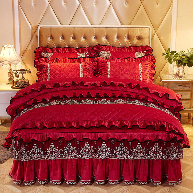 Eurostyle Wedding Bed Skirt Four Pieces Wedding Big Red Clips Cotton Thickened Warm Heathen Goose Down Embroidery Plus Suede Bed Cover