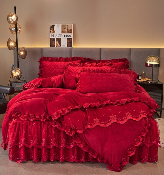 高端婚庆宝宝绒四件套床裙加绒加厚夹棉床罩结婚红色陪嫁床品冬季