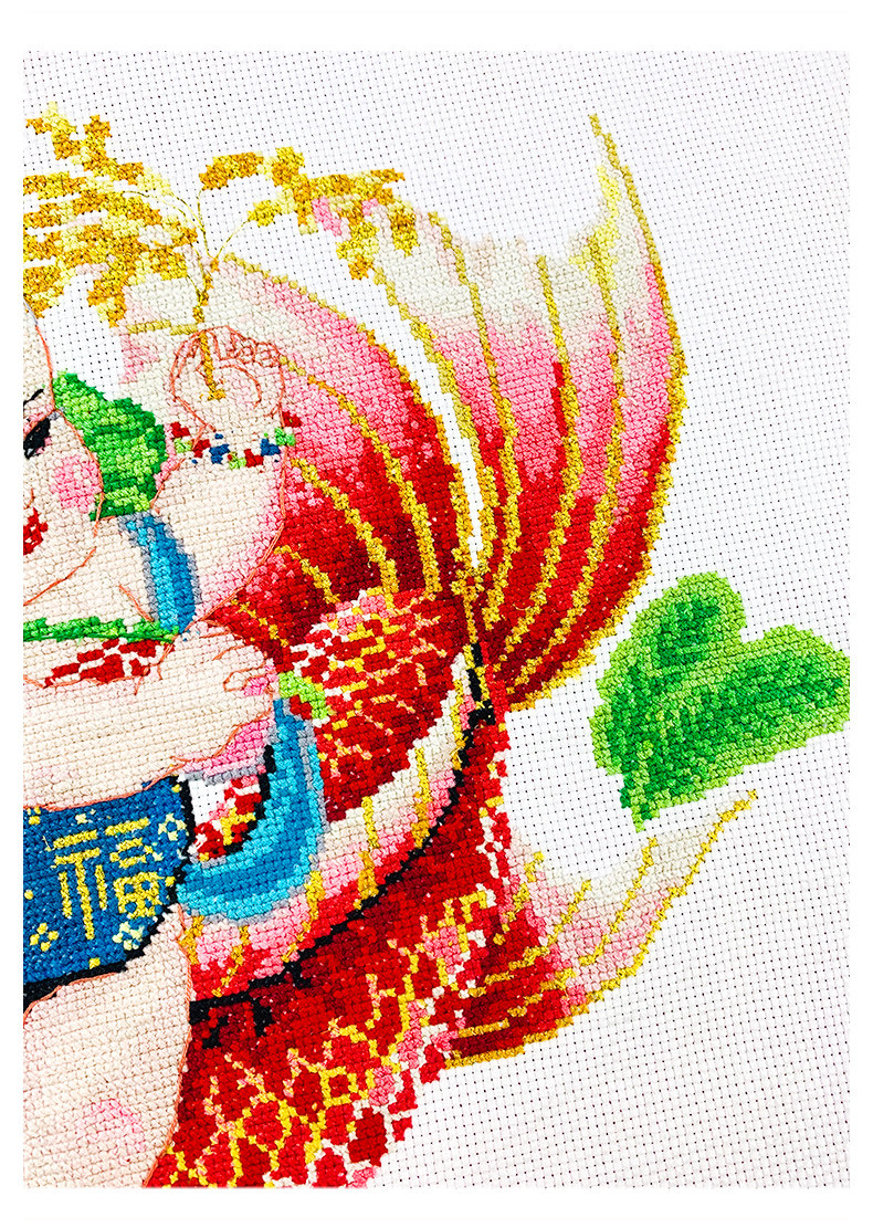 Готовая вышивка крестом 已绣好的纯手工春天埃及长绒棉十字绣成品年年有余中国风安格绣布