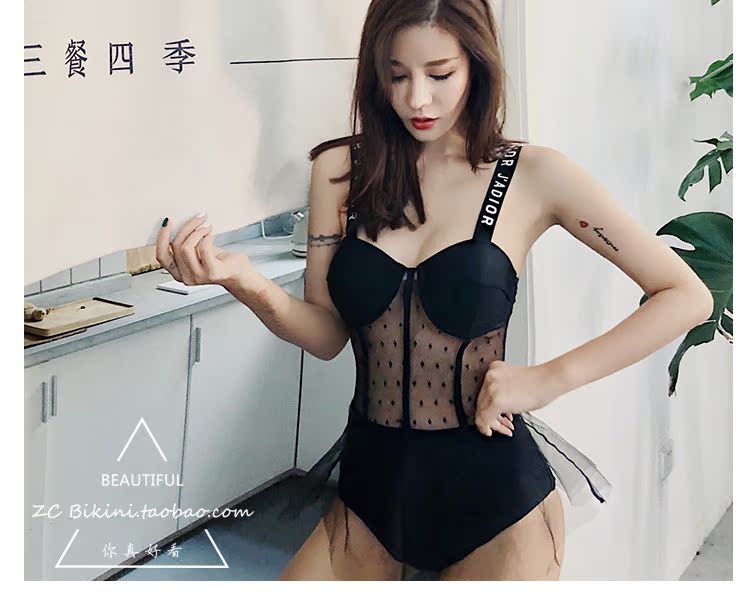 Ins net đỏ 2019 áo tắm mới nữ đính kèm sóng trong suốt ren eo eo sinh viên áo tắm mỏng bảo thủ đồ bơi nữ liền thân