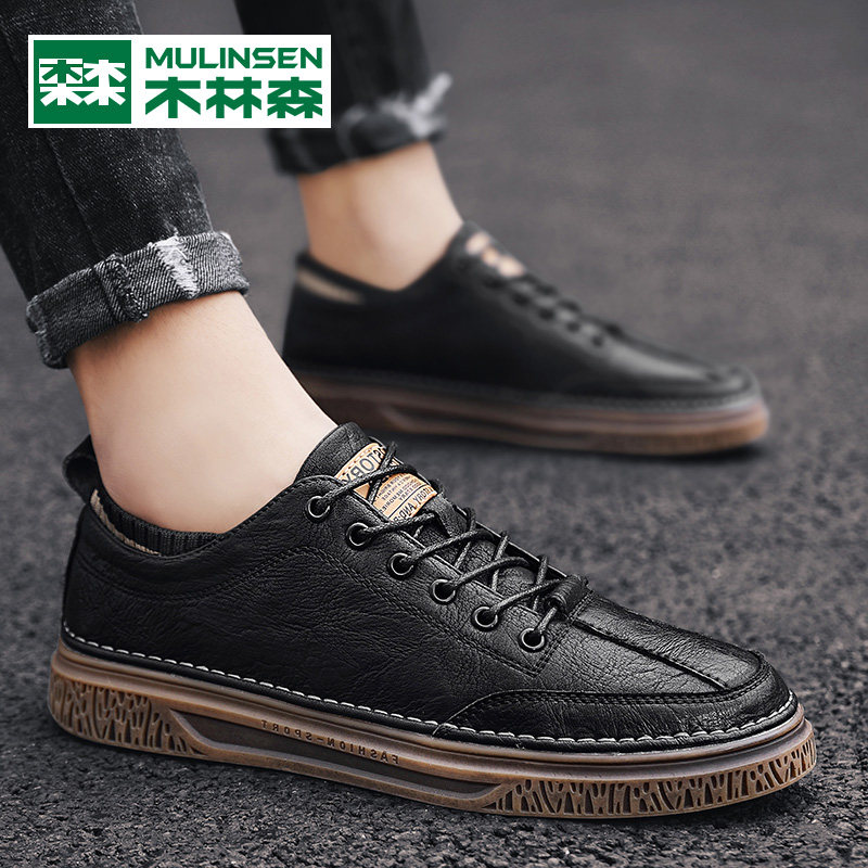 Wood Linson Men Shoes 2021 New Spring Casual Leather Shoes Men Genuine Leather Inn Boards Shoes Black Business Youth Tide Shoes