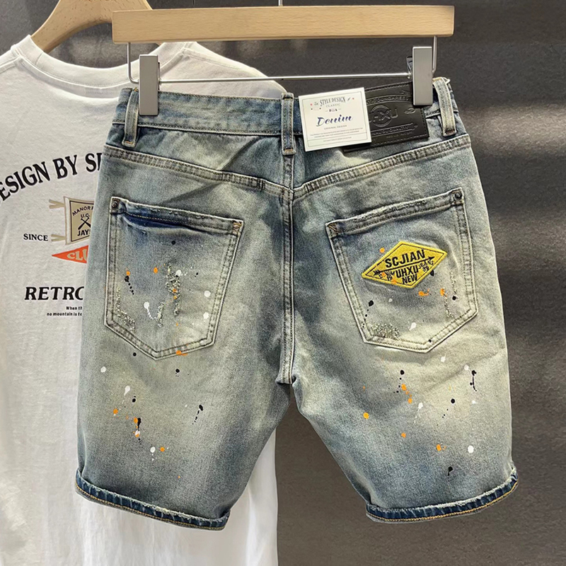 Hong Kong Trendy American-Style Casual Ripped Denim Shorts for Men, Summer Cool Embroidered Five-Point Pants, Trendy Versatile Mid-Length Pants