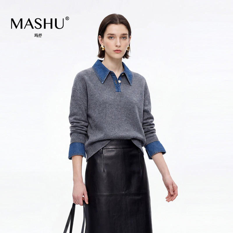 Mashu Color-Blocked Fashionable Design Vintage-Style Denim Collar Knit Sweater Autumn and Winter Fake Two-Piece Sweater Mashu Color-Blocked Fashionable Design Vintage-Style Denim Collar Knit Sweater Autumn and Winter Fake Two-Piece Sweater