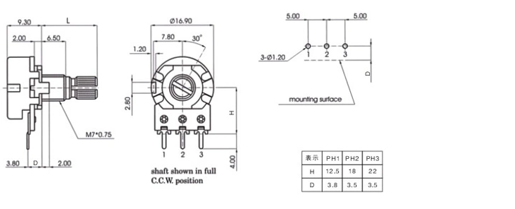 Chiết áp đơn WH148 có thể điều chỉnh B1K/2/5/10K/20K/50K/100K/1M chiều dài tay cầm 15 20mm