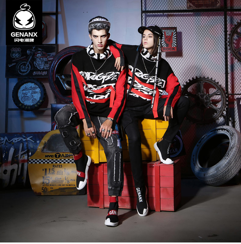 GENANX áo chống sét cao cổ áo len nam phiên bản Hàn Quốc của hip hop ruy băng thời trang mùa thu áo len đôi đồ đôi nam nữ