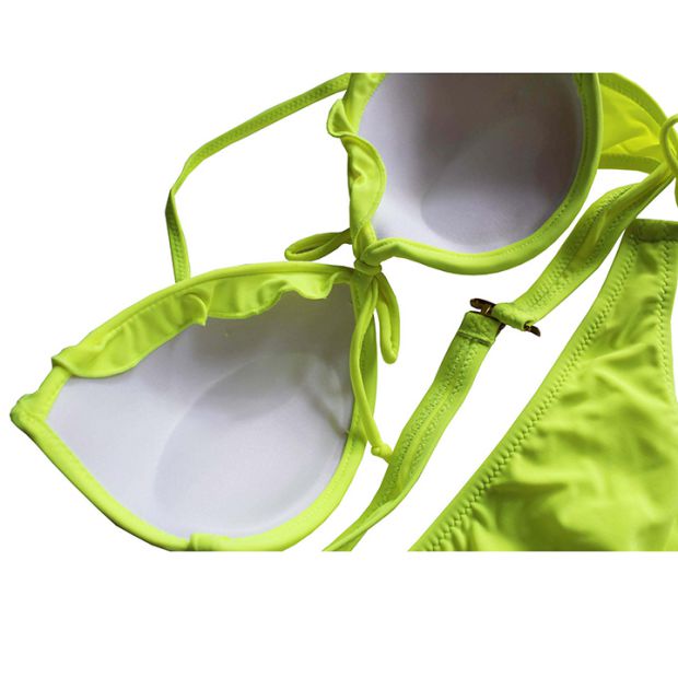 Kẹo màu rắn treo cổ sen lá ren lưng khóa quần bơi có thể điều chỉnh quai quần đáy bikini mùa xuân nóng bỏng đồ bơi nữ dài tay