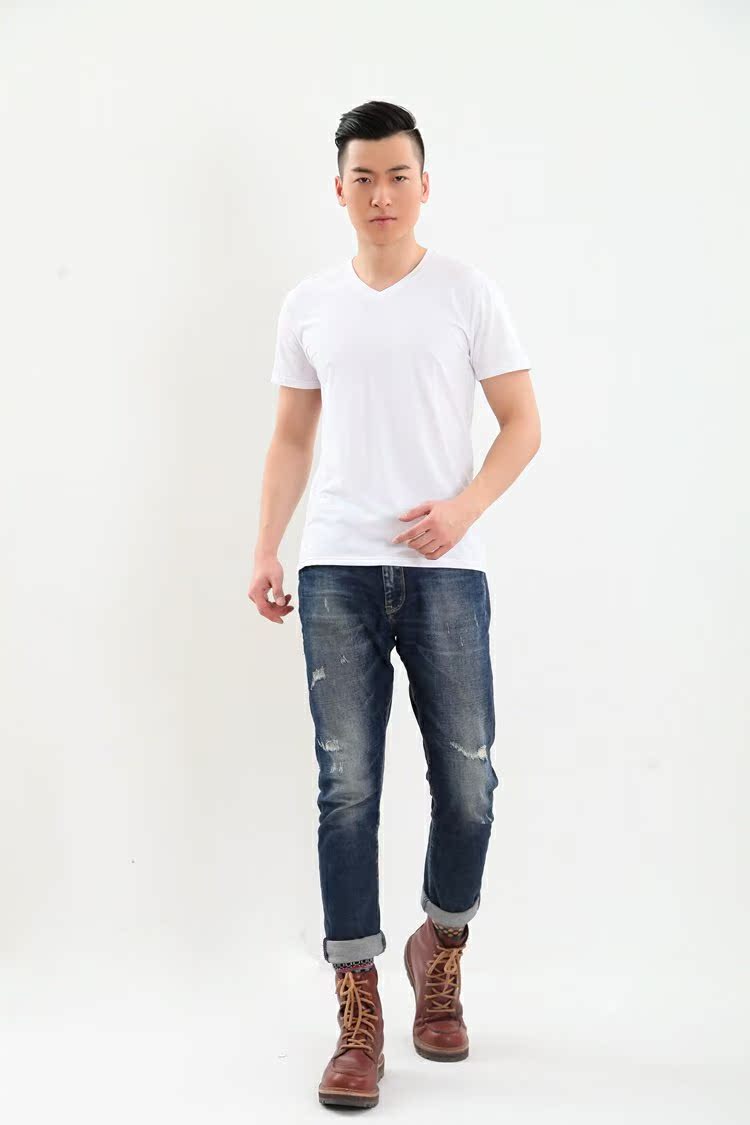 Quần áo nam siêu rộng 2016 cộng với phân bón Áo thun cotton cotton 200 kg bố trung niên nửa tay áo cổ chữ V quần thể thao nam