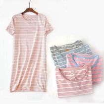 Day Department Pure Cotton Lady Sleeping Skirt Short Sleeves Striped Casual Loose Half Sleeve Home Conserved full cotton Big-size pyjamas for long sections