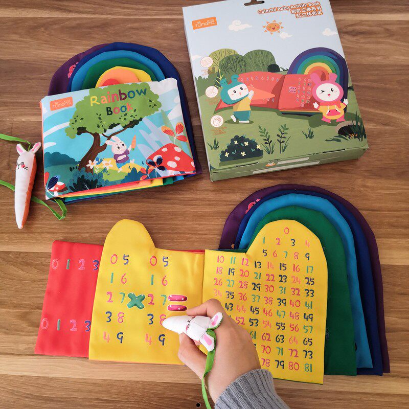 Rainbow three-dimensional early education baby English math digital mother learning multi-functional puzzle cloth book can not be torn and can be bitten