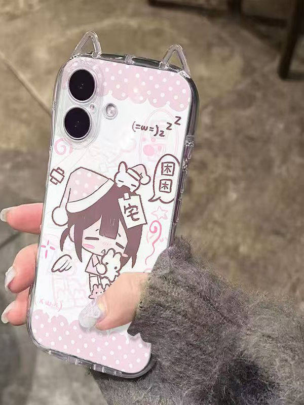 Pink Sleepy Girl Ins Cartoon Cat Ears Phone Case Suitable for Iphone17 Apple 16Promax Iphone15 Cute 14/13X Case Xsxr Female Model Promax Full Coverage Niche 12