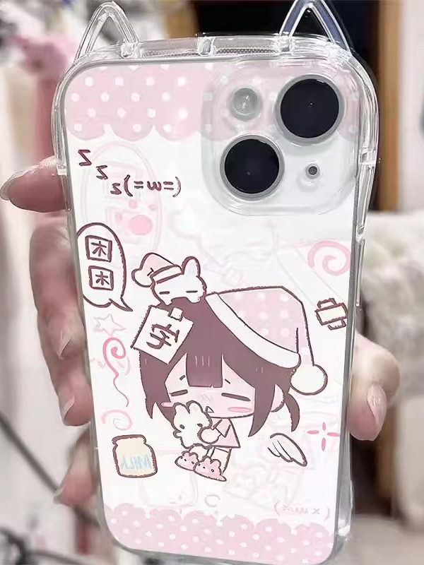 Pink Sleepy Girl Ins Cartoon Cat Ears Phone Case Suitable for Iphone17 Apple 16Promax Iphone15 Cute 14/13X Case Xsxr Female Model Promax Full Coverage Niche 12