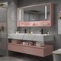 Rock board bathroom cabinet combination Pink oak bathroom simple modern face wash sink custom smart mirror cabinet