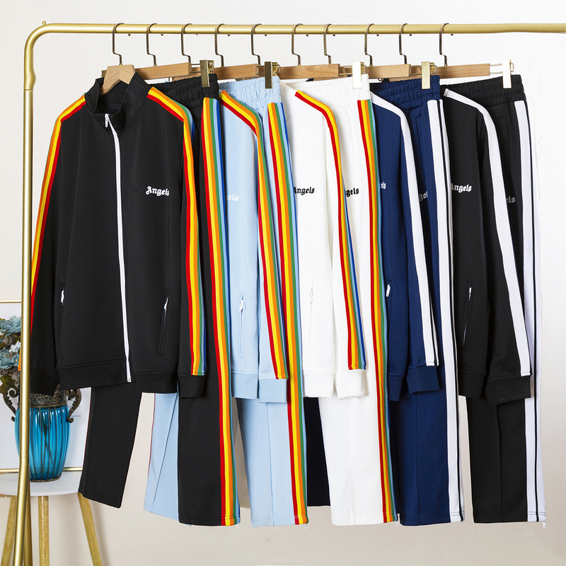 Trendy Palm Angel Letter Rainbow Stripe Set for Men and Women, Couple Outfit, Sports Casual Jacket and Long Pants Trendy Palm Angel Letter Rainbow Stripe Set for Men and Women, Couple Outfit, Sports Casual Jacket and Long Pants