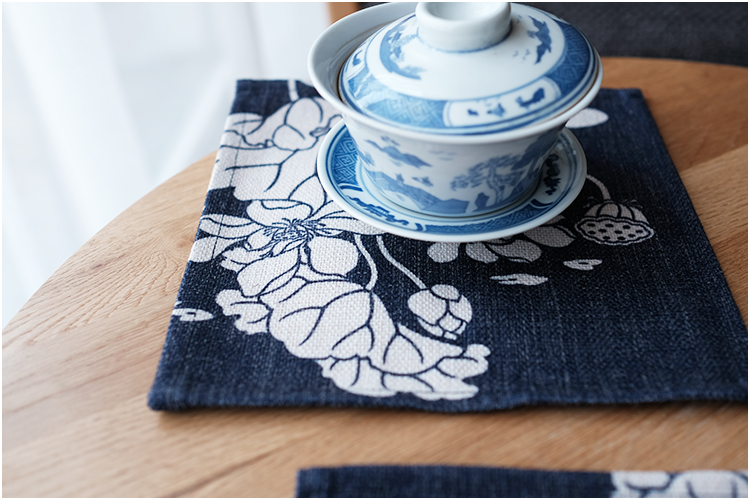 Gốc Trung Quốc in bông vải lanh nghệ thuật đế lót ly placemat pad cách nhiệt bảng mat bàn cà phê mat bát mat sen xanh khăn trải bàn học caro